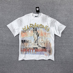 HVM Harmony Statue Portrait Tie‑Dye White Double‑Sided Graphic Print Crew Neck Streetwear T‑Shirt