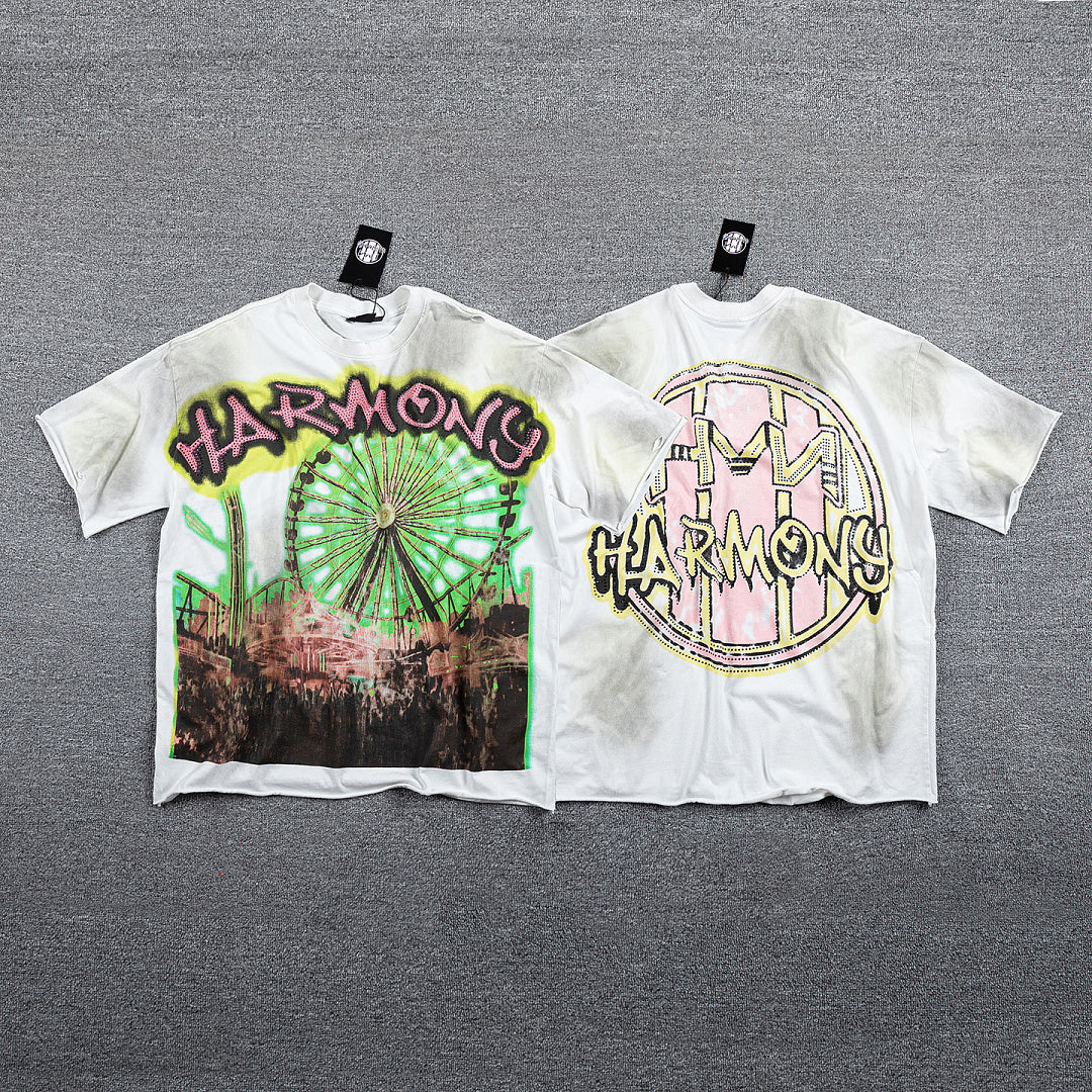 HVM Harmony Ferris Wheel Tie‑Dye White Double‑Sided Graphic Print Crew Neck Streetwear T‑Shirt