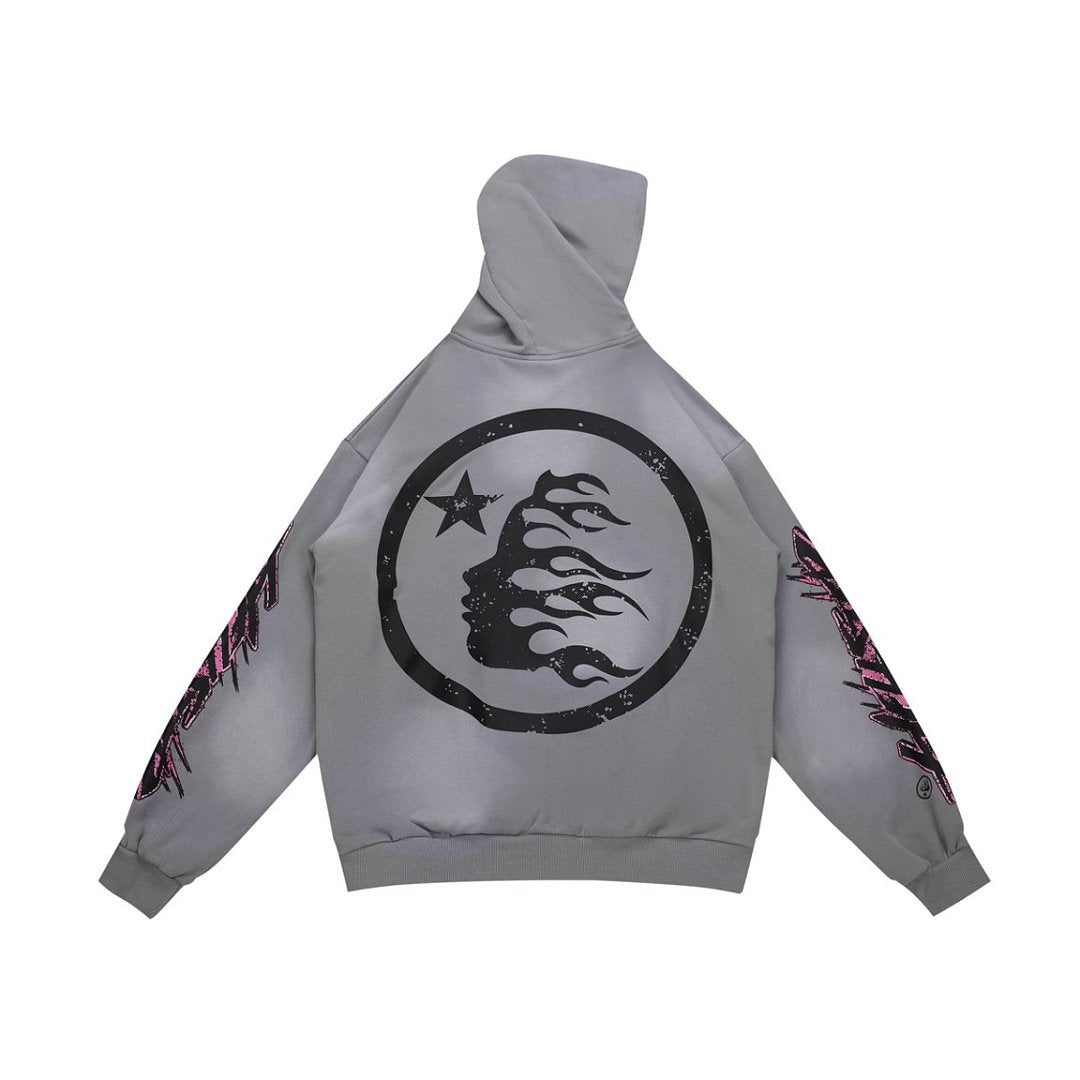 Y2K Gothic Street‑Wear Grey Hoodie Double‑Sided Graphic Drawstring Pullover