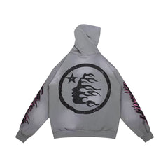 Y2K Gothic Street‑Wear Grey Hoodie Double‑Sided Graphic Drawstring Pullover