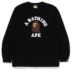 BAPE Style Collegiate Arc Logo & Ape Head Long-Sleeve Tee - Black