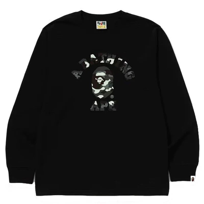 BAPE Style Arch Logo Monochrome Camo Ape Head Long-Sleeve Tee - Black