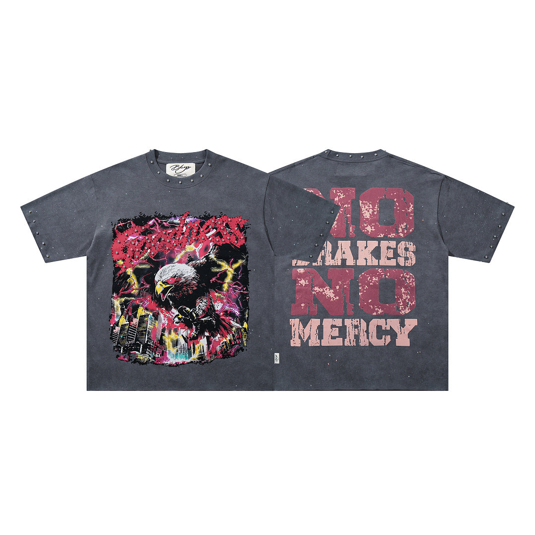 Washed Black Eagle No Mercy Double‑Sided Graphic Print Crew Neck Streetwear T‑Shirt