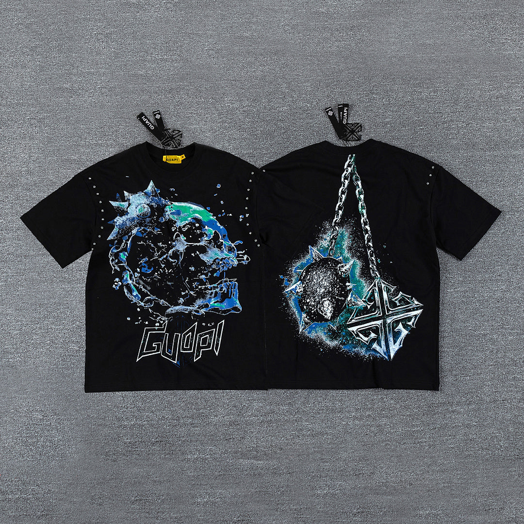 Planet Chain Double‑Sided Graphic Print Crew Neck Streetwear T‑Shirt