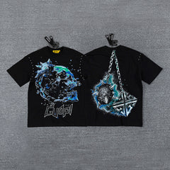 Planet Chain Double‑Sided Graphic Print Crew Neck Streetwear T‑Shirt