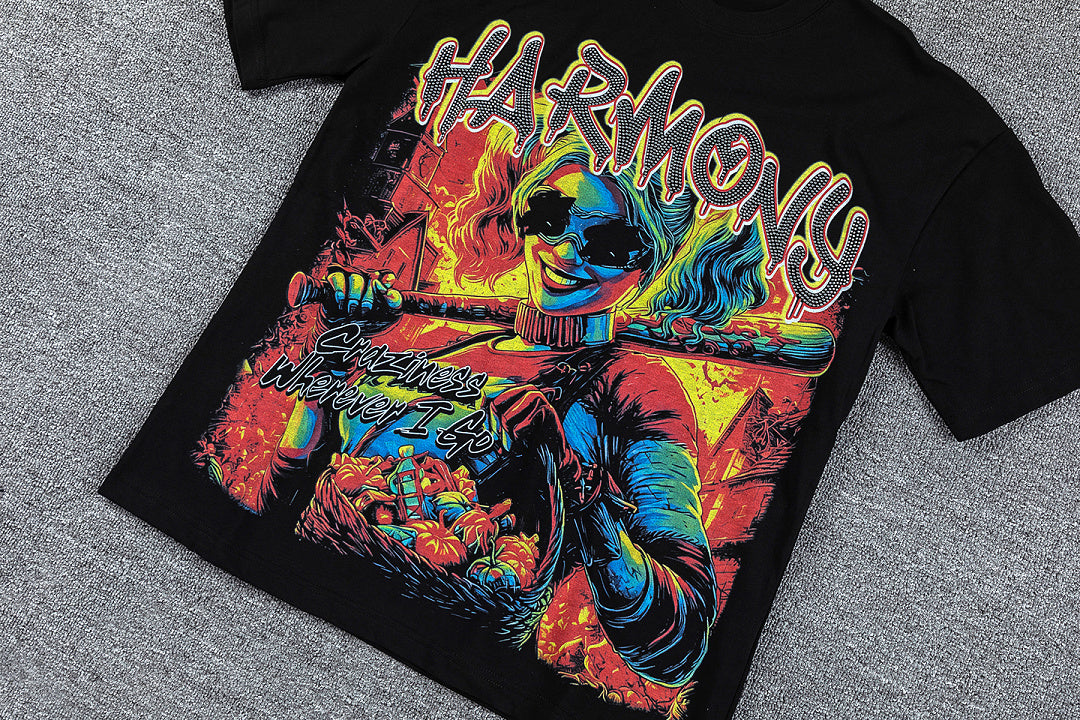 HVM Harmony Multicolor Chaos Figure Black Double‑Sided Graphic Print Crew Neck Streetwear T‑Shirt