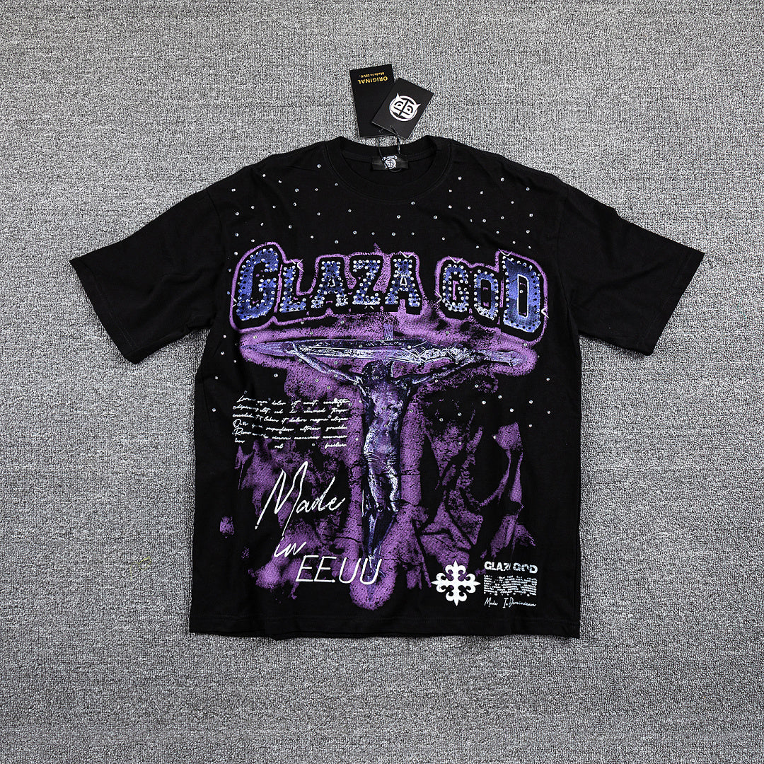 Glazagod Purple Gothic Double‑Sided Graphic Print Crew Neck Streetwear T‑Shirt