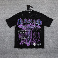 Glazagod Purple Gothic Double‑Sided Graphic Print Crew Neck Streetwear T‑Shirt