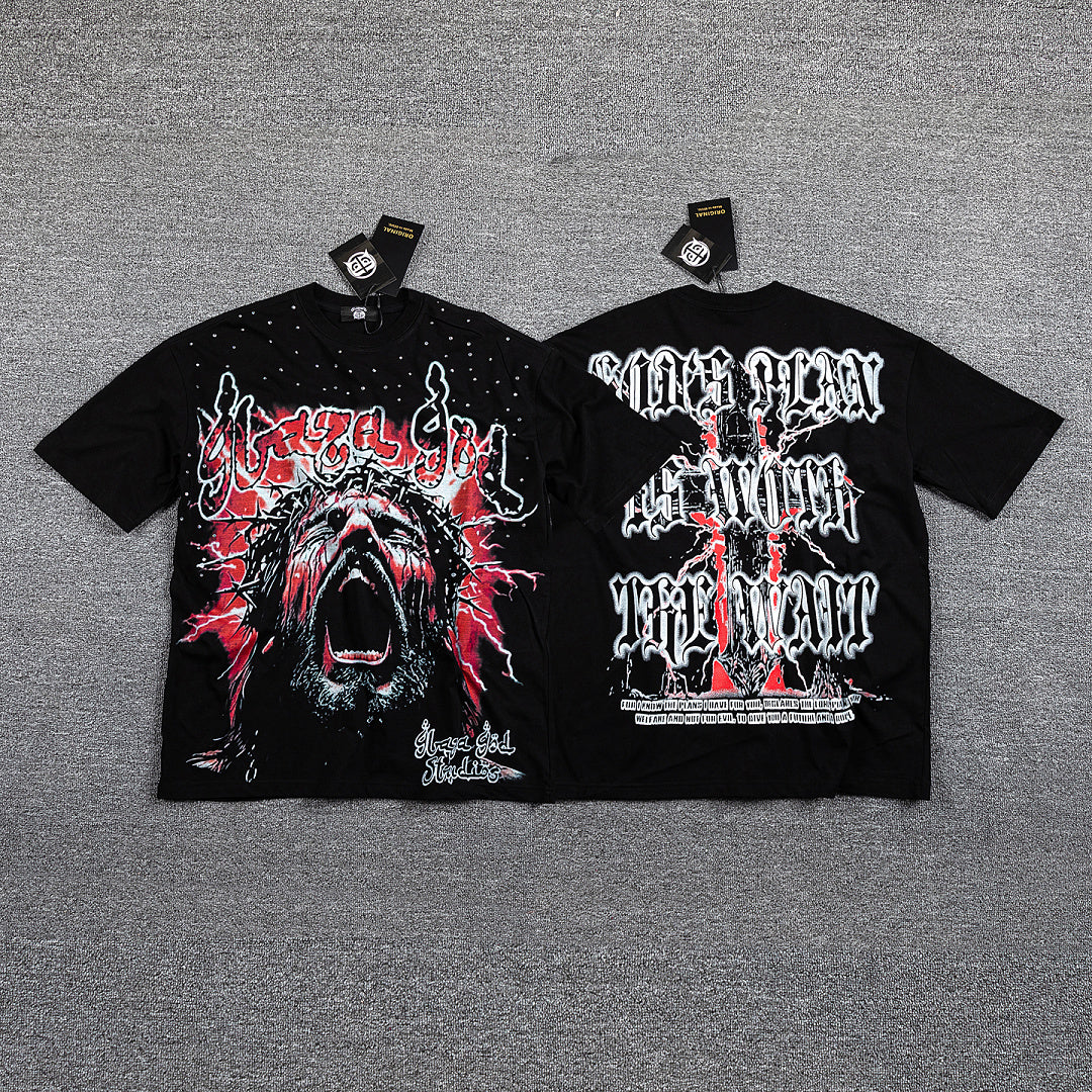 Red Thorn Screaming Portrait Double‑Sided Graphic Print Crew Neck Streetwear T‑Shirt