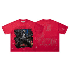 Red Washed Warrior Portrait Double‑Sided Graphic Print Crew Neck Streetwear T‑Shirt