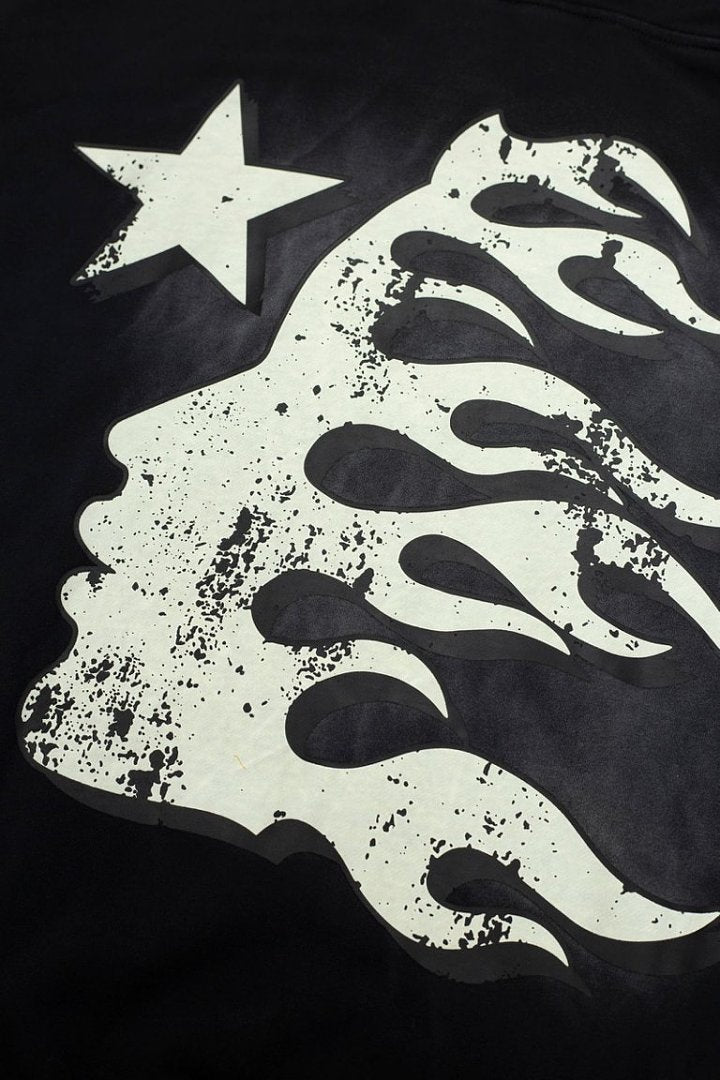 Dark Street‑Style Back Flame‑Star Graphic Oversized Hooded Sweatshirt
