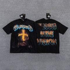 Glazagod Golden Cross Blessed In The Vision Double‑Sided Graphic Print Crew Neck Streetwear T‑Shirt