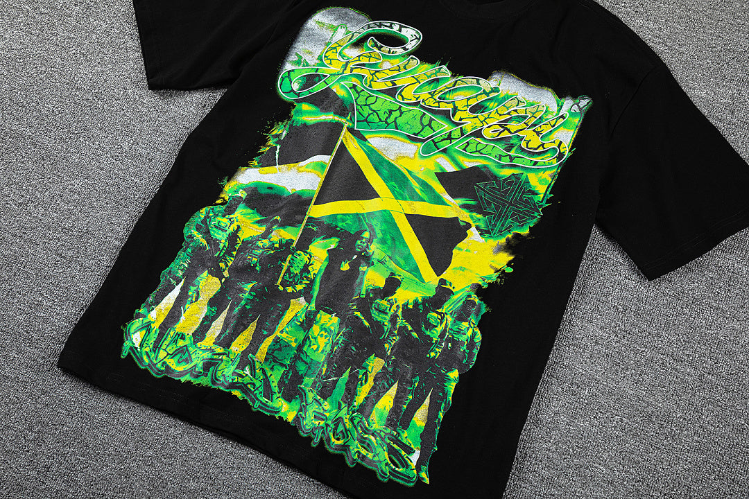 Jamaica Flag Portrait Double‑Sided Graphic Print Crew Neck Streetwear T‑Shirt