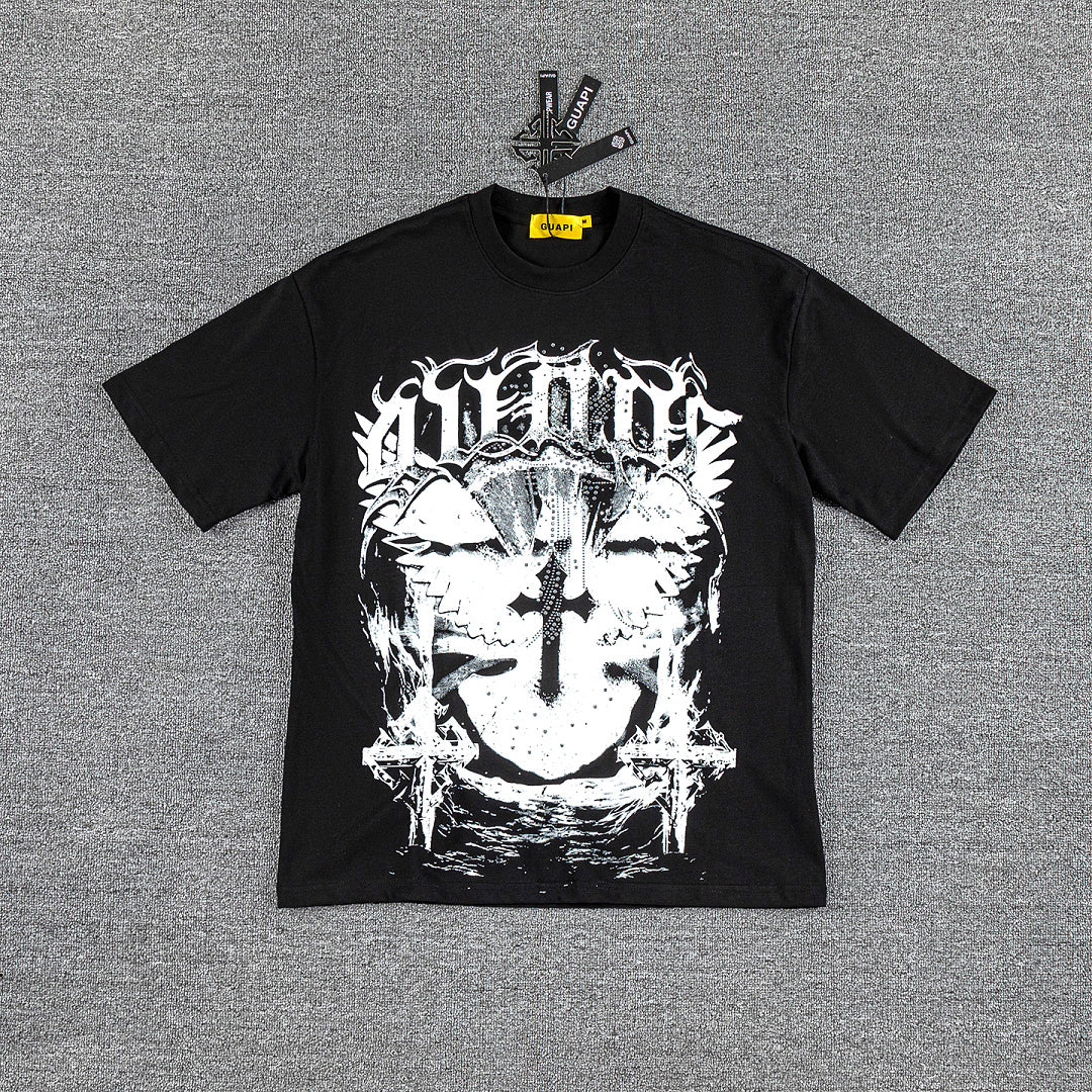 Gothic Cross Skull Double‑Sided Graphic Print Crew Neck Streetwear T‑Shirt