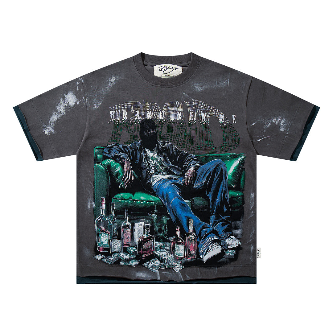 Teal Figure Portrait Double‑Sided Graphic Print Crew Neck Streetwear T‑Shirt
