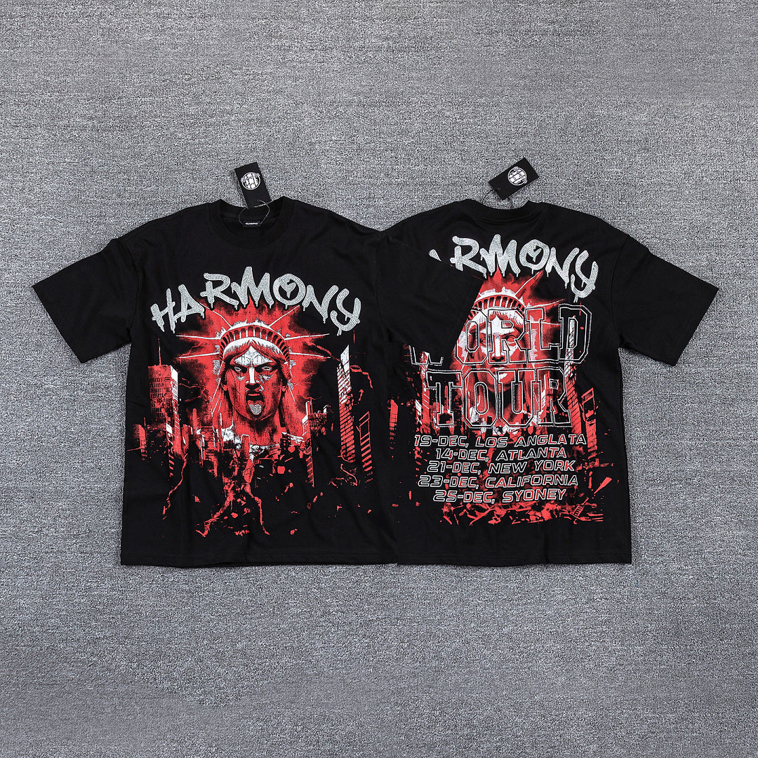 HVM Harmony Red Dark Portrait Black Double‑Sided Graphic Print Crew Neck Streetwear T‑Shirt
