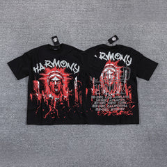 HVM Harmony Red Dark Portrait Black Double‑Sided Graphic Print Crew Neck Streetwear T‑Shirt