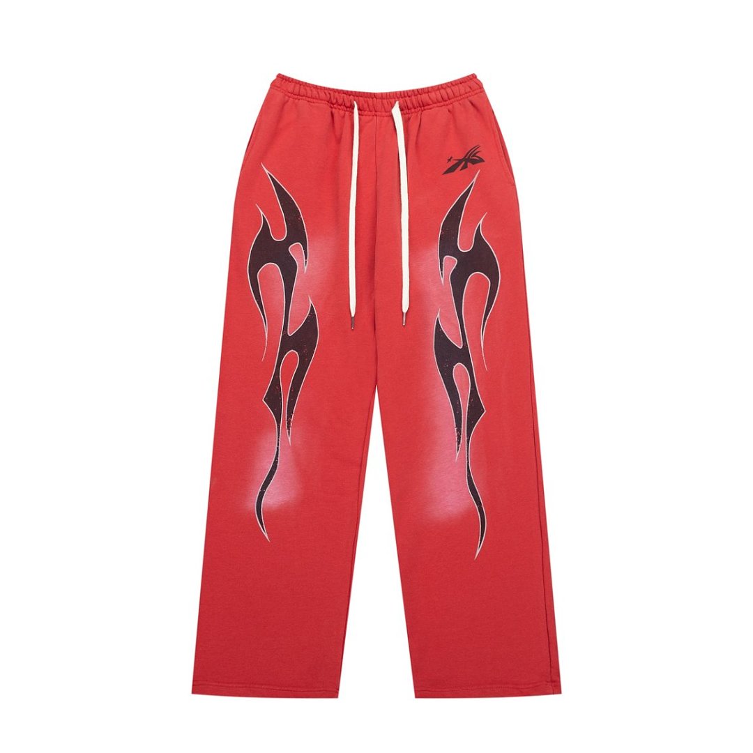 Red Flame Graphic Wide‑Leg Sweat Pants Drawstring Street‑Wear Trousers