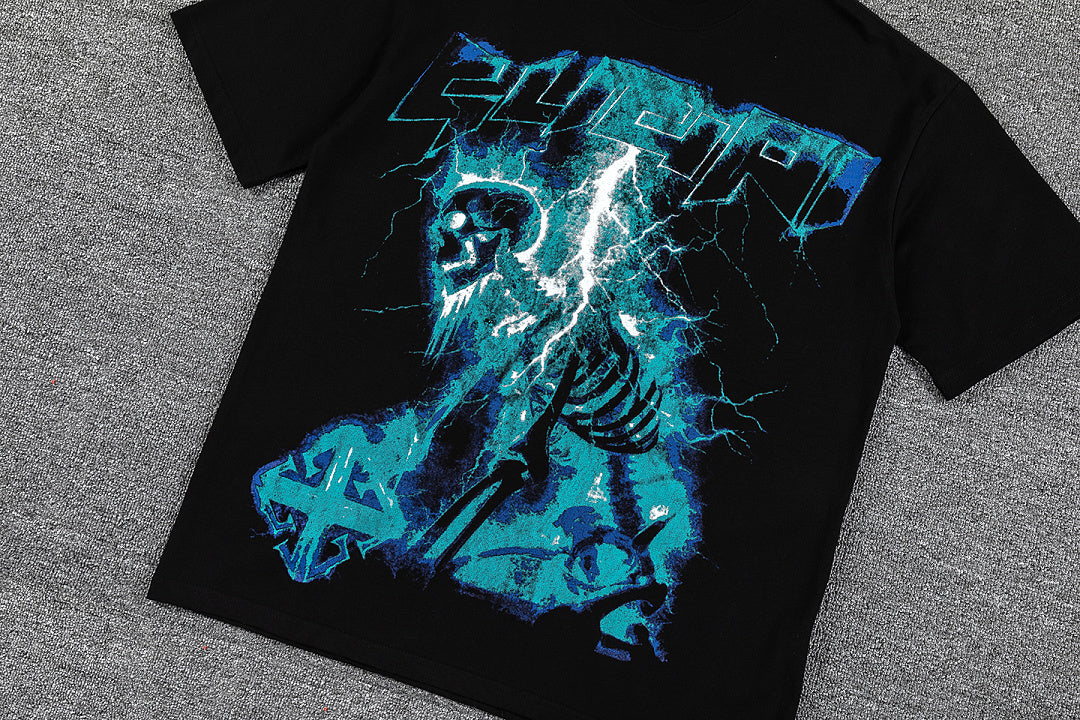 Cyan Lightning Cross Double‑Sided Graphic Print Crew Neck Streetwear T‑Shirt