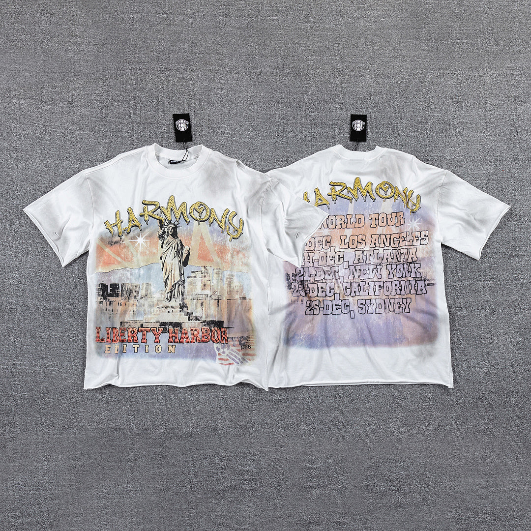 HVM Harmony Statue Portrait Tie‑Dye White Double‑Sided Graphic Print Crew Neck Streetwear T‑Shirt