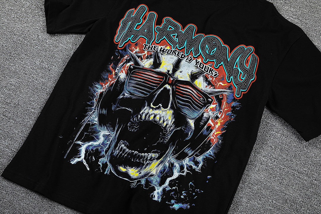 HVM Harmony Skull Monster Black Double‑Sided Graphic Print Crew Neck Streetwear T‑Shirt