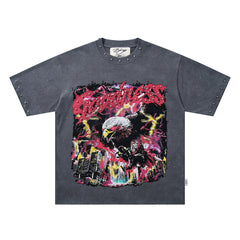 Washed Black Eagle No Mercy Double‑Sided Graphic Print Crew Neck Streetwear T‑Shirt