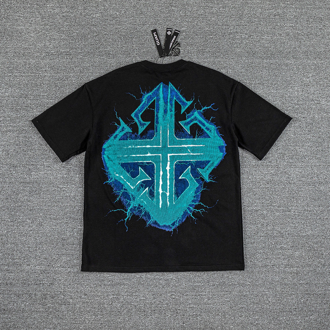 Cyan Lightning Cross Double‑Sided Graphic Print Crew Neck Streetwear T‑Shirt