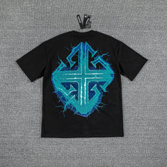 Cyan Lightning Cross Double‑Sided Graphic Print Crew Neck Streetwear T‑Shirt