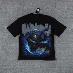 HVM Harmony Blue Thunder Figure Black Double‑Sided Graphic Print Crew Neck Streetwear T‑Shirt