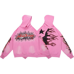 Pink Hellstar Flame‑Star Graphic Oversized Pullover Street‑Wear Hoodie