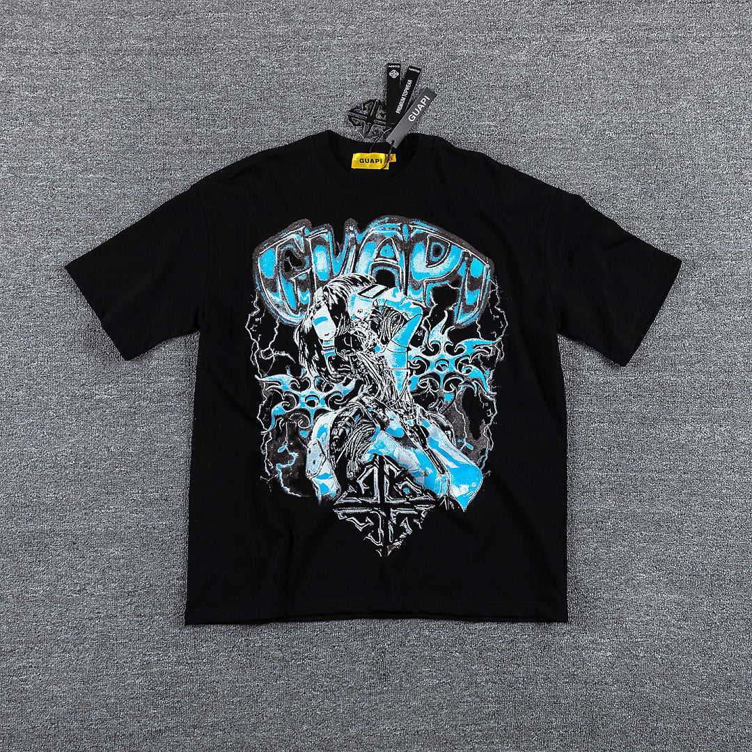 Blue Cyan Skull Demon Double‑Sided Graphic Print Crew Neck Streetwear T‑Shirt