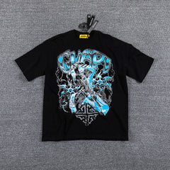 Blue Cyan Skull Demon Double‑Sided Graphic Print Crew Neck Streetwear T‑Shirt